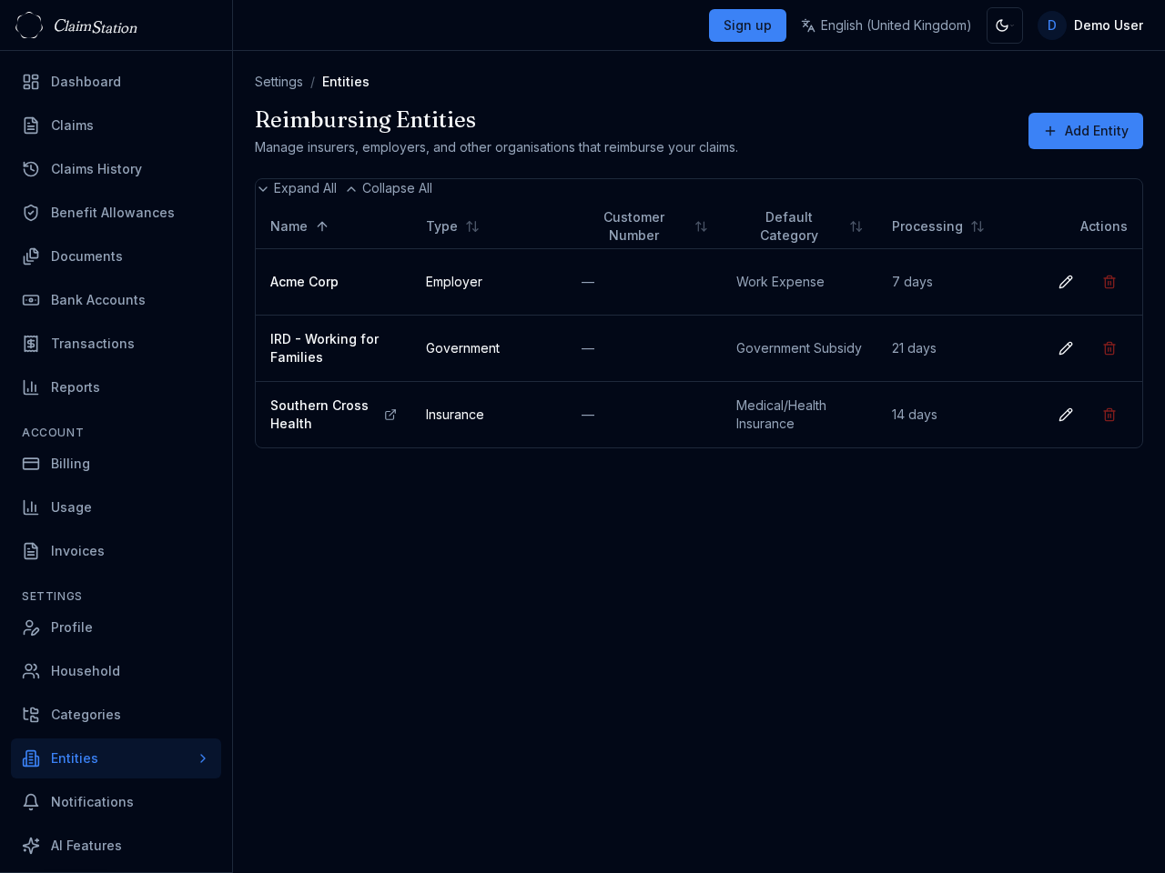 ClaimStation Settings Entities